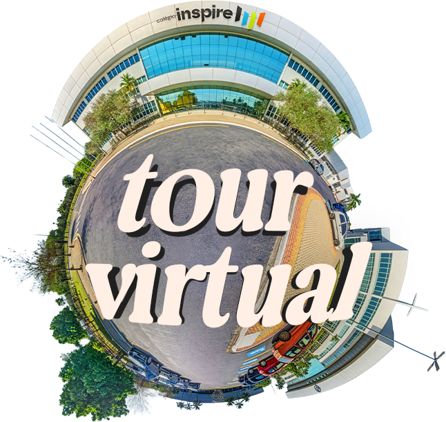 Vista panorâmica do Colégio Inspire em uma composição circular para o tour virtual